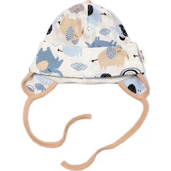 Baby Nellys Bavlněná čepička na zavazování, Sloníci, béžová/modrá Velikost: 62/68 (3-6m)