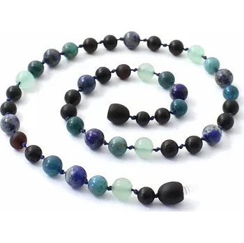 Náhrdelník Jantarové korálky barvy třešně s apatitem, avanturínem a lapisem lazuli pro děti délka cca 32 cm