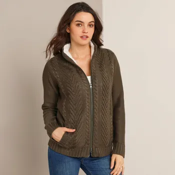 Dámský svetr Svetr na zip s copánkovým vzorem a hebkou podšívkou khaki tmavá 34/36