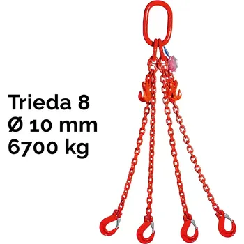 řetězový zvedák Čtyřpramenný řetězový vazák, oko-4 hák, zkracovač, nosnost 6700/4750 kg, G8-10, Certifikát6700 / 4750 kg 3 m Červená