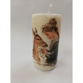 Svíčka Svíčka z parafínového vosku zdobená válec - Dívka s jelínkem 4