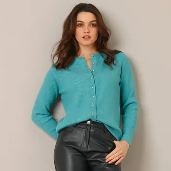 Dámský svetr Propínací svetr s kulatým výstřihem zelená tyrkysová 50