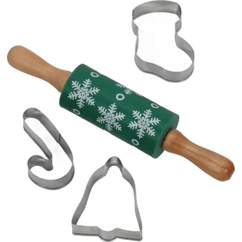 Váleček na těsto La Cucina Sada na pečení pro děti TIVOLA, mini váleček se vzorem sněhových vloček + 3 formičky, zelená