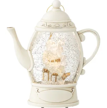 Vánoční dekorace Bílá antik závěsná svítící konvička se Santou a třpytkami Glitt Led - 15*15*16 cm