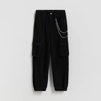 Dívčí džíny Reserved - Džíny cargo s ozdobným řetízkem - černý - 818FF-99J - 818FF-99J-128