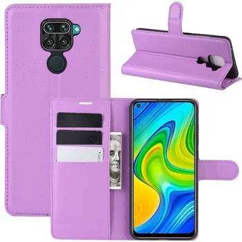 Pouzdro na mobilní telefon Litchi PU kožené peněženkové pouzdro na mobil Xiaomi Redmi Note 9 - fialové