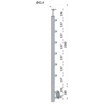 Zábradlí nerezový sloupek průchodný, AISI 316 - sloupek zábradlí 6 řadový, vnitřní, boční kotvení, vrch pevný, broušená nerez K320/AISI316