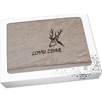 Dárkový potravinový koš Dárkové balení osušky pro myslivce Hlava jelena + Lovu zdar béžová