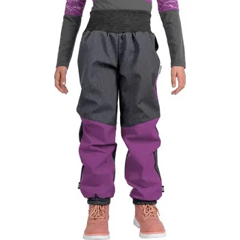 Unuo, Dětské softshellové oteplovačky s fleecem, Ostružinová, Žíhaná Antracitová, Jednorožci - 122/128