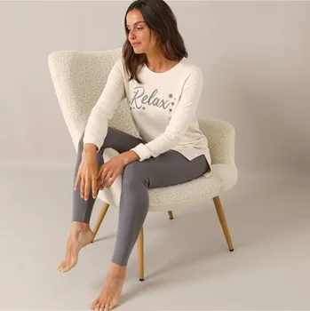 Dámské pyžamo Moltonové pyžamo s legínami a potiskem Relax režná/šedá 46/48