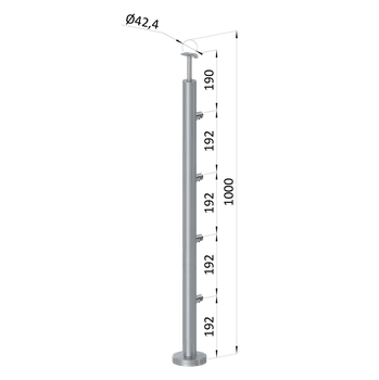 Zábradlí nerezový sloupek průchodný, AISI 316 - sloupek zábradlí 4 řadový, vrchní kotvení, vrch pevný, broušená nerez K320/AISI316