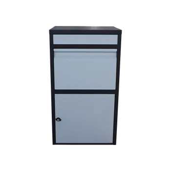 Poštovní schránka box na balíky s přepadovou lištou, černá a bílá - privátní "parcel box", rozměr 410 x 385 x 720 mm, tl. mat. 0,8 mm, velikost balíku 320 x 300 x 180 mm, barva - černé tělo + bílý vhod