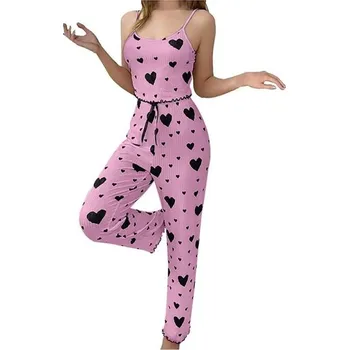 Dámské pyžamo Dámské pyžamo s tílkem a dlouhými kalhotami Jednobarevný komplet se vzorem srdíček z polyesteru a spandexu Pohodlný elastický letní model růžová XS