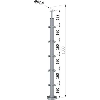 Zábradlí nerezový sloupek rohový, broušená nerez - horní (vrchní) kotvení, 5 řadový, rohový, vrch pevný, nerez K320/AISI304