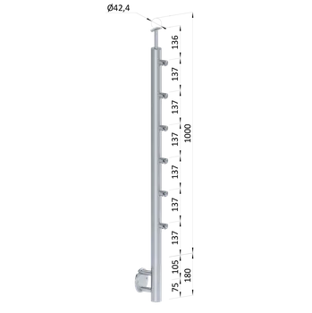 Zábradlí Nerezový sloupek zábradlí 6 řadový, venkovní, boční kotvení, vrch pevný, AISI304