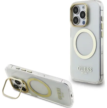 Telefonní příslušenství Guess IML Gold Outline Stand Camera Frame MagSafe Zadní Kryt pro iPhone 15 Pro