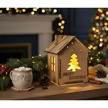 Vánoční dekorace Dekorační vánoční dřevěný domeček s LED osvětlením s motivem stromečku 13x11x10,5 cm