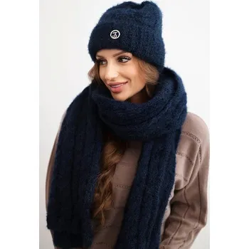 Čepice Dámská souprava čepice a šálu s proužkem s ozdobou granátová UNI