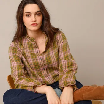 Dámská halenka Kostkovaná propínací halenka s volánky, z flanelu khaki/růžová 48