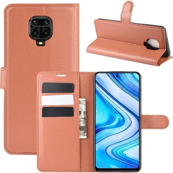 Pouzdro na mobilní telefon Litchi PU kožené peněženkové pouzdro na mobil Xiaomi Redmi Note 9 Pro/Note 9S - hnědé