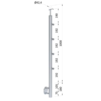 Zábradlí nerezový sloupek průchodný, broušená nerez - boční kotvení, 4 řadový, venkovní, vrch pevný, nerez K320/AISI304