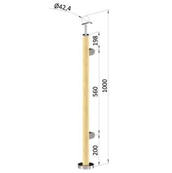Schodiště dřevěný sloupek, vrchní kotvení, buk s nátěrem - sloupek zábradlí, výplň sklo, pravý, vrch pevný, ukončení na kulaté madlo ø 42 mm, materiál broušený buk s bezbarvým nátěrem