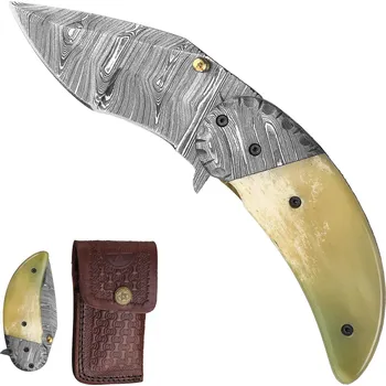 kapesní nůž PAK Zavírací damaškový nůž "BONE HUNTER" s koženým pouzdrem