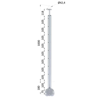 nerezový sloupek, boční montáž, 8 děrový pro lanko, rohový, otvory ø 8 mm - sloupek zábradlí ø 42,4 x 2 mm, vrch pevný, broušená nerez K320 /AISI304