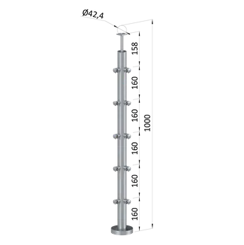nerezový sloupek rohový, AISI 316 - sloupek zábradlí 5 řadový, vrchní kotvení, vrch pevný, broušená nerez K320/AISI316