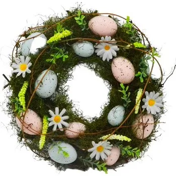 Velikonoční dekorace Velikonoční věnec s očkem pro zavěšení. Zdobení vajíčky a květy. Jarní přírodní vzhled. Průměr 30cm. Jarní mix Velikonoční věnec 30cm HG204036-2