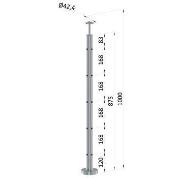 Zábradlí nerezový sloupek rohový, broušená nerez, výplň ø 14 mm - horní (vrchní) kotvení, 5 děrový, vrch pevný, snížená vzdálenost první výplně od podlahy, broušená nerez K320/AISI304, průměr výplně 12 mm nebo 14 mm