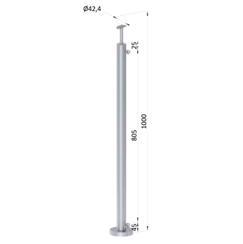 Zábradlí nerezový sloupek, vrchní montáž, pro síť, průchozí - sloupek zábradlí ø 42,4 x 2 mm, vrchní kotvení, 2 x úchyt s okem pro lankovou síť, držák madla pevný bez nastavení sklonu, broušená nerez K320 /AISI304