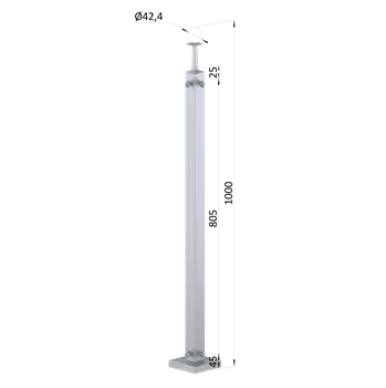 Zábradlí nerezový sloupek hranatý, vrchní montáž, pro síť, rohový 90° - sloupek zábradlí 40 x 40 x 2 mm, 4 držáky s okem pro lankovou síť, držák madla pevný bez nastavení sklonu, broušená nerez K320/AISI304