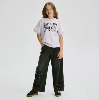 Dětská móda Reserved - Džíny wide-leg s aplikacemi - šedá - 839FF-90J - 839FF-90J-134