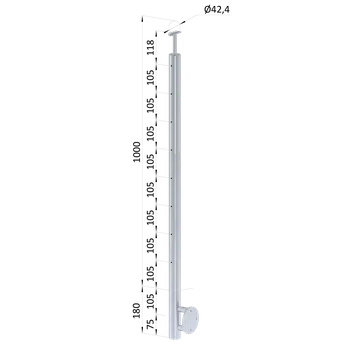 Zábradlí nerezový sloupek, boční montáž, 8 děrový pro lanko, průchozí, otvory ø 4 mm - sloupek zábradlí ø 42,4 x 2 mm, vrch pevný, broušená nerez K320 /AISI304