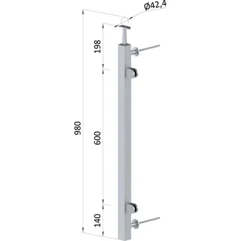 sloupek na francouzský balkon, HRANATÝ, broušená nerez - profil 40 x 40 x 2 mm, boční kotvení, výplň sklo, pravý, vrch pevný, ukončení na trubku ø 42,4 mm