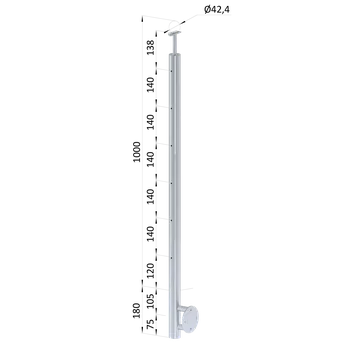 Zábradlí nerezový sloupek, boční montáž, 6 děrový pro lanko, průchozí, otvory ø 4 mm - sloupek zábradlí ø 42,4 x 2 mm, průchozí, vrch pevný, broušená nerez K320 /AISI304