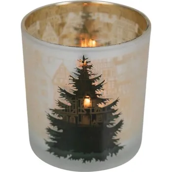 Svícen Černozlatý skleněný svícen se stromkem a domky S - Ø 7*8cm