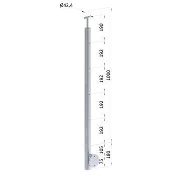 Zábradlí nerezový sloupek bez výplně, broušená nerez - rovinový sloupek zábradlí, boční kotvení, 4-řadový se závitem M6, vnitřní, vrch pevný, broušená nerez 320/AISI304