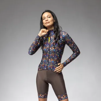 cyklistický dres ALÉ Cyklistický dres s dlouhým rukávem zimní - PRAGMA FLOWERY LADY - modrá/vícebarevná XS