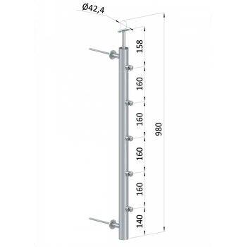 Zábradlí sloupek na francouzský balkon, kulatý, broušená nerez - boční kotvení, 5 řadový, systém pruty, průchodný, vnější, vrch pevný, ukončení na trubku ø 42,4 mm