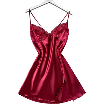 Dámská noční košile Dámská saténová noční košile s krajkou Elegantní jednobarevná košilka s výstřihem do V Luxusní noční prádlo z lehkého polyesteru Různé barvy červená XL