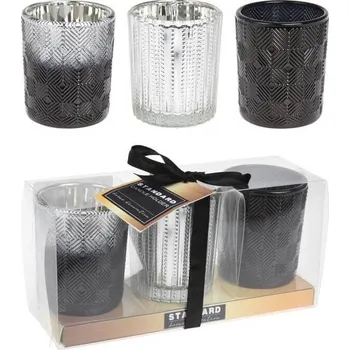 Dortová svíčka Z-trade Svícen sklo 3ks set 170x58x83mm na dřevěném tácku mix, černá, stříbrná, šedá