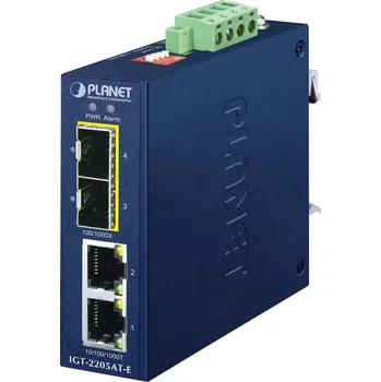 Switch PLANET IGT-2205AT-E Konvertor, průmyslový, 2× GbE RJ-45, 2× 1G SFP, Backup, -40 až +75°C, ESD, IP40, DIN, DC 12–48V, redundantní IGT-2205AT-E