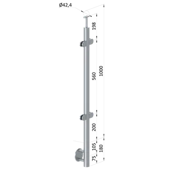 Zábradlí nerezový sloupek, výplň sklo, AISI 316 - sloupek zábradlí, boční kotvení, průchodný, vrch pevný, broušená nerez K320/AISI316