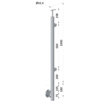 Zábradlí nerezový sloupek, výplň sklo, leštěná nerez - sloupek zábradlí, boční kotvení, pravý, vrch pevný, AISI304