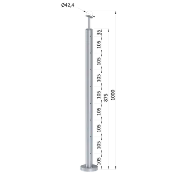 Zábradlí nerezový sloupek, pro lanko, vrchní montáž, průchozí, otvory ø 5 mm - sloupek zábradlí ø 42,4 x 2 mm, 8 otvorů pro lanko ø 4 nebo 5 mm, držák madla pevný bez nastavení sklonu, broušená nerez K320/AISI304