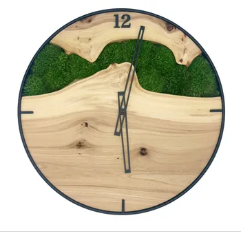Hodiny Mechdekor Mechové a jilmové hodiny o průměru 40cm v černém kovovém rámu se světlým kopečkovým mechem