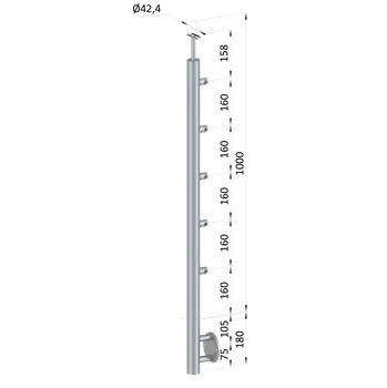 Zábradlí nerezový sloupek průchodný, broušená nerez - boční kotvení, 5 řadový, vnitřní, vrch pevný, nerez K320/AISI304