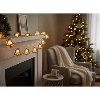 Vánoce Dekorační světelný řetěz s dřevěnými zvonečky 185 cm